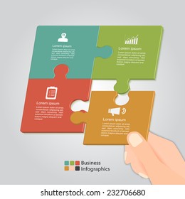 Hand Holding Puzzle , Puzzle Options Template. Business Icon and Text Information Design. Vector Illustration.