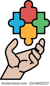 A hand is holding a puzzle piece with a blue square in the middle. The puzzle piece represents the idea of life, and the hand symbolizes the act of holding onto it