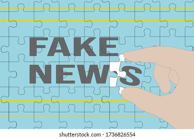 Mano sosteniendo una pieza de rompecabezas completando palabras de noticias falsas ilustraciones vectoriales