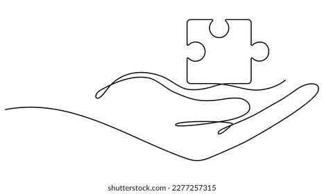 Dibujo de línea continua de la pieza del rompecabezas con mano. Símbolo lineal de trabajo en equipo. Ilustración vectorial aislada en blanco.