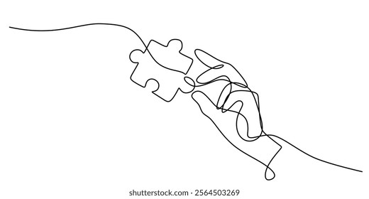 Hand holding a puzzle piece in continuous line drawing. Representing problem solving, connection, and completing the bigger picture. Vector illustration one line art minimalist.