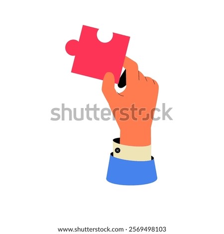 Hand Holding Puzzle Piece In Flat Vector Illustration Symbolizing Problem Solving, Strategy, And Teamwork, Isolated On White Background