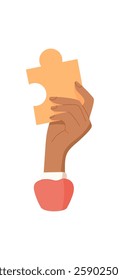 Hand holding a puzzle piece. Gesture of a person grasping puzzle item. Flat graphic concept, sticker style, suitable for teamwork and collaboration themes.