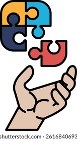 A hand holding a puzzle piece with the words "piece of the puzzle" written below it. Concept of solving a problem or completing a task by putting together the right pieces