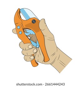 Mão segurando cortador de tubo de pvc. Ilustração vetorial