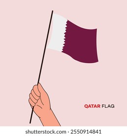 Hand holding Qatar flag in line art drawing style. Qatar hand Flag waving. Vector illustration