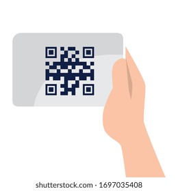 Hand holding qr code over paper design of technology scan information business price communication barcode digital and data theme Vector illustration