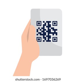 Código qr de mano sobre el diseño de papel escaneo de la tecnología información de barrido de la comunicación de precios de negocio código de barras digital y tema de datos Ilustración vectorial