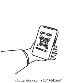 Mano que sostiene el smartphone del código de QR en dibujo del doodle