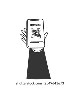 mão segurando qr código smartphone no desenho doodle