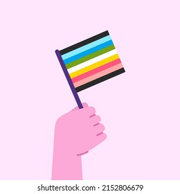 Hand holding queer flag. Pride month celebration concept. Vector illustration