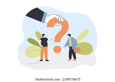 Hand holding question mark between tiny people in doubt. Thoughtful male characters thinking about answer flat vector illustration. Brainstorm concept for banner, website design or landing web page