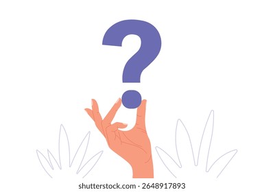 Hand holding question mark help and support FAQ concept vector illustration.