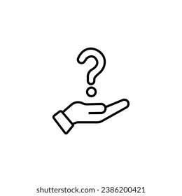 Hand holding question mark icon. Outline style. Why, who, doubt, uncertainty, curious, ask, curiosity, interrogation concept. Vector illustration isolated on white background editable stroke