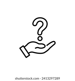 Hand holding question mark icon. Outline style. Why, who, doubt, uncertainty, curious, ask, curiosity, interrogation concept. Vector illustration isolated on white background editable stroke.