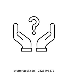 Hand holding question mark icon. Outline style. Why, who, doubt, uncertainty, curious, ask, curiosity, interrogation concept. Vector illustration isolated on white background