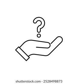 Hand holding question mark icon. Outline style. Why, who, doubt, uncertainty, curious, ask, curiosity, interrogation concept. Vector illustration isolated on white background