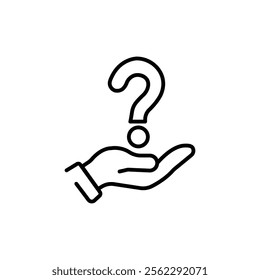 Hand holding question mark icon. Outline style. Why, who, doubt, uncertainty, curious, ask, curiosity, interrogation concept.