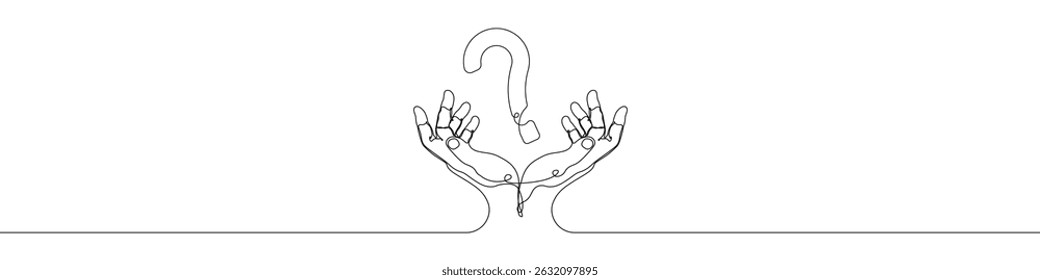 Hand holding Question mark icon line continuous drawing vector. One line Question mark hand icon vector background. Question mark with hands icon. Continuous outline of a Hands of Question mark icon.
