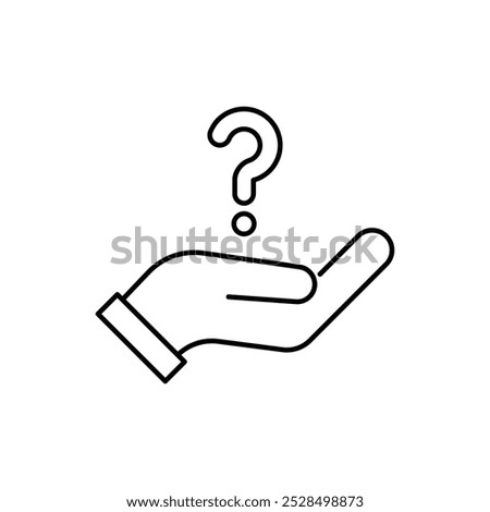 Hand holding question mark icon. Outline style. Why, who, doubt, uncertainty, curious, ask, curiosity, interrogation concept. Vector illustration isolated on white background
