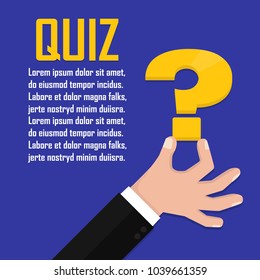 Hand holding question mark with quiz text, concept of questionnaire show sing