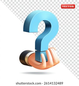 Hand holding question mark symbol, 3d vector. Suitable for design elements