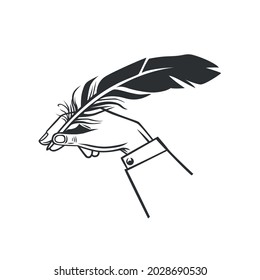 Hand holding a quill. Black and white illustration on white background.