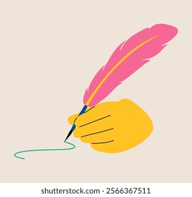 Hand of holding quill pen. Colorful vector illustration
