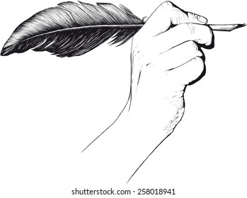 Hand Holding Quill Pen Drawn As Engraving And Isolated On White Background