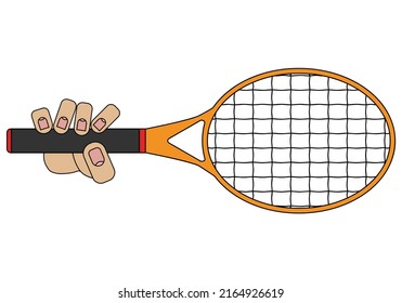 Hand holding a racket for tennis, isolated on white background in cartoon style in vector graphic