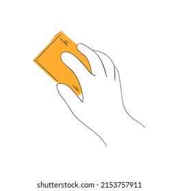 Hand holding a rag, sponge contour and flat vector illustration. Line style, sketch, symbol, icon on a white isolated background