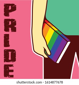 Hand Holding Rainbow Book, LGBTQ Community Concept Sign Vector Illustration - Vector