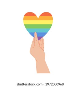 Hand holding up a rainbow colored heart. Concept of LGBT community support. Pride month card. Hand drawn colorful flat vector illustration.