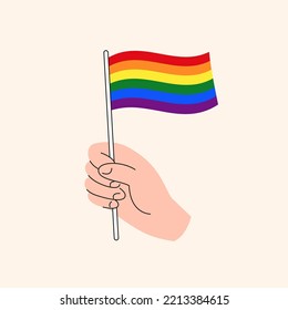 Сartoon Hand Holding Rainbow Flag, Flag of LGBT Minorities, Concept Illustration, Flat Design Isolated Vector.