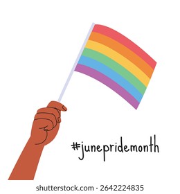 A hand holding rainbow flag. LGBT pride month square banner. Vector illustration for an annual celebration of gender diversity