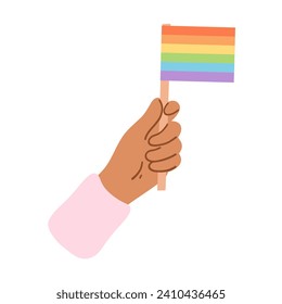 Hand holding rainbow flag. Pride month, lgbtq movement, people diversity, gender equality