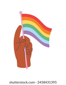 Hand holding rainbow flag. Pride month. Flat cartoon style vector illustration isolated on white background