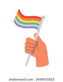 Mano sosteniendo la bandera del arco iris. Mes del orgullo. Ilustración vectorial plana de estilo de dibujos animados aislada sobre fondo blanco