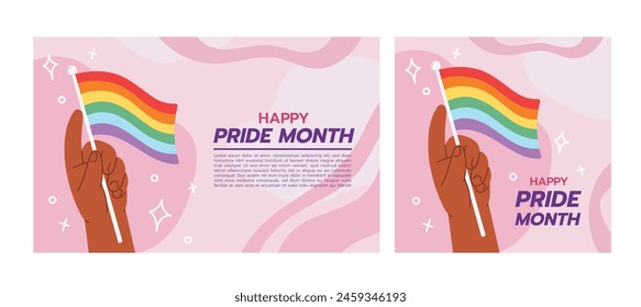Hand holding rainbow flag, pride month concept. Banner, template or party invitation card on pink background. Flat cartoon style vector illustration