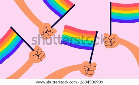 Hand holding rainbow flag. Pride month concept. Modern isolated vector illustration.