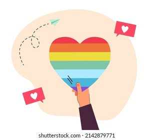 Hand holding rainbow heart among social media likes. Support of person with LGBT pride symbol flat vector illustration. Love, community, equality concept for banner, website design or landing web page