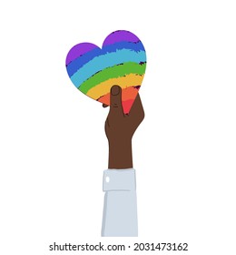 Hand holding rainbow heart. Equality, togetherness, LGBTQ rights concept. Flat illustration. Vector illustration