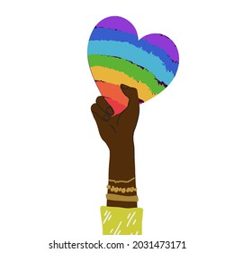 Hand holding rainbow heart. Equality, togetherness, LGBTQ rights concept. Flat illustration. Vector illustration
