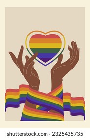 Hand holding rainbow heart on lgbt flag colours, pride month poster.