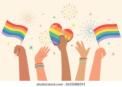 Hand holding a rainbow hearts, pride flags, Celebrate and Happy of Pride month events.