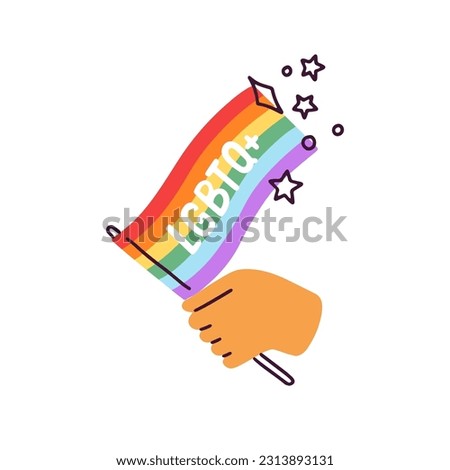 Hand holding rainbow-colored flag for homosexual, lesbian, gay love support. LGBTQ symbol, pride month, homosexuality and queer holiday concept. Flat vector illustration isolated on white background
