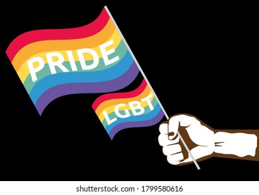 Hand, die eine erhöhte Regenbogenflagge auf schwarzem Hintergrund hält. Gay Pride. LGBT-Symbole vermitteln Ideen, Konzepte und Identität innerhalb ihrer Gemeinschaften. Vektorfarbige Illustration. 