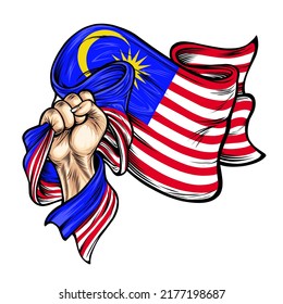 Hand holding and raising the national flag of malaysia. Vector Illustration on the theme malaysia Independence Day. Hands with malaysia flags.