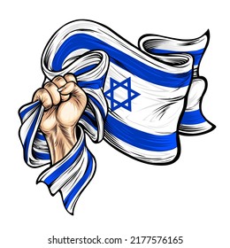 Hand, die die nationale Flagge von Israel hält und anhebt. Vektorgrafik zum Thema "Israel Unabhängigkeit Tag". Hände mit israelischen Flaggen.