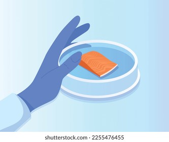 Mano sosteniendo pescado crudo. Carne en laboratorio, investigación científica y experimento. nutricionista en guante. Grasas y vitaminas sanas. ADN y moléculas, química. Dibujo vectorial plano de dibujos animados